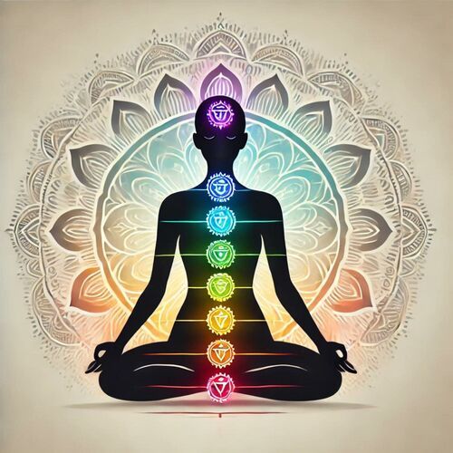 Figura in meditazione con chakra e mandala